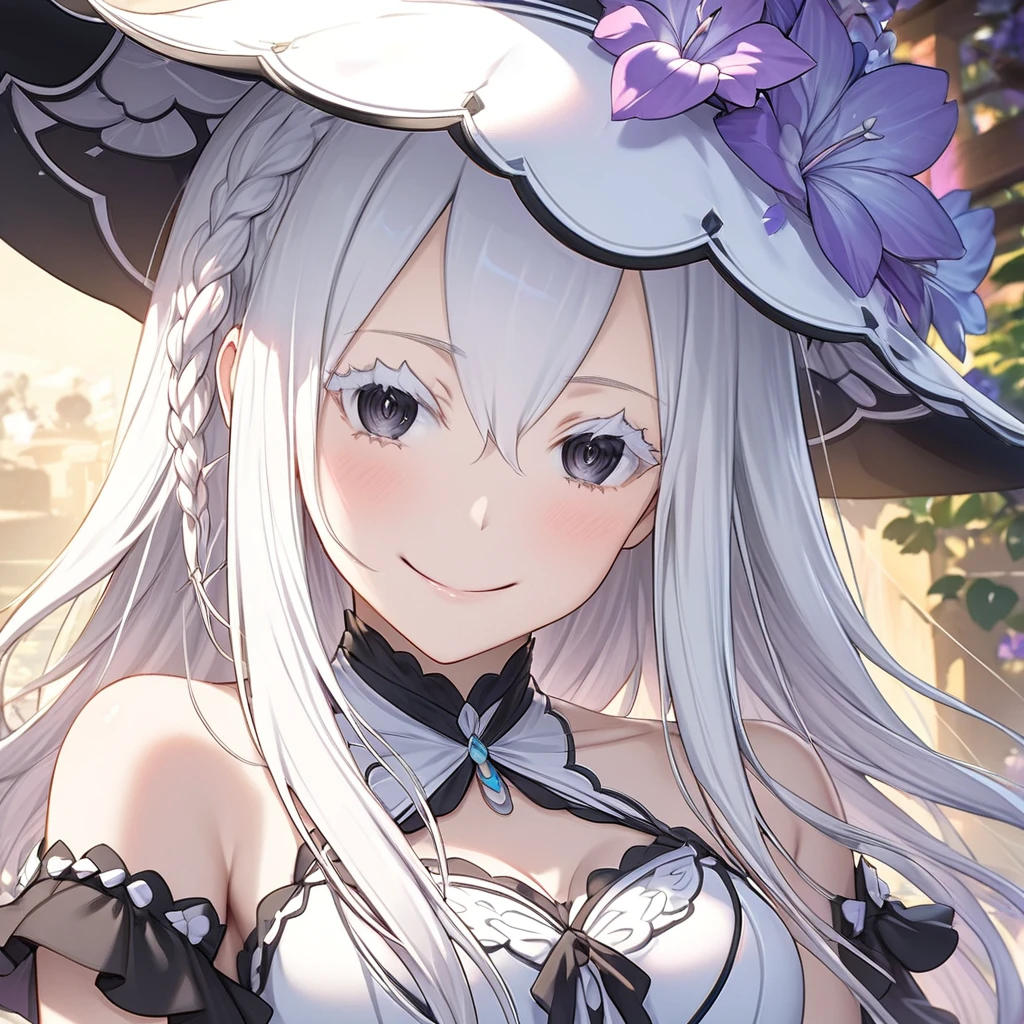 Echidna, re:zero, 1female, white hair, long hair, braid, black eyes, white eyelashes, white dress, white hat, purple flower, smile, masterpiece 、Beautiful attention to detail:1.2, Perfect lighting, (perfect hand, perfect anatomy), Precise depiction、Vibrant colors, super detailed, detailed face, detailed eyes