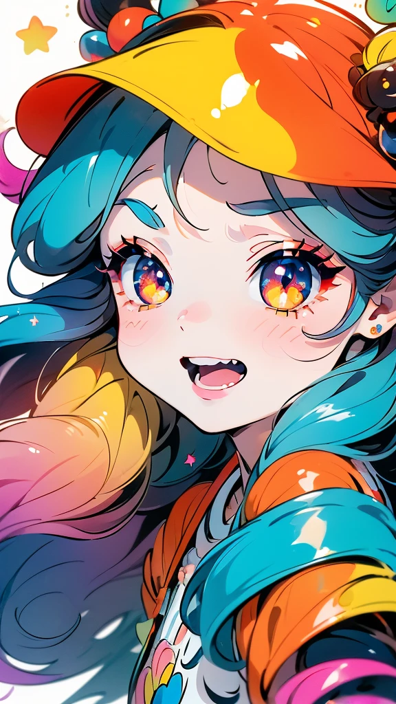 ((best quality)), ((masterpiece)), (detailed), Girl, fluffy hair, colorful hair, long hair, big eyes, white eyelashes, long eyelashes, colorful eyes, round eyes, stars in the eyes, open mouth, jagged teeth, joy, pop, cute, Colorful, happy pose, dynamic, pastel, (colorful:1), (sketch:0.3), (hyper pop:1), Jirai Kei,