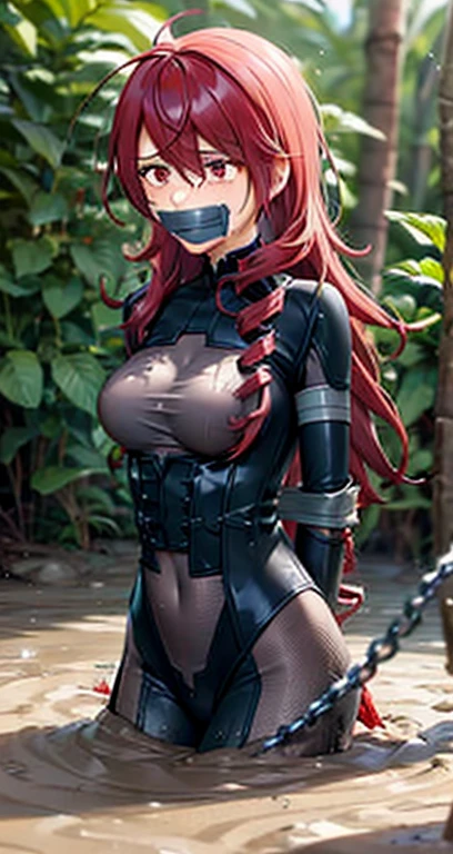 (black bodysuit, grey bodysuit:1.4), kirijou mitsuru, (red eyes, long hair, messy hair, red hair:1.4), 1girl, (gag, gagged, tape gag, restrained:1.4), (((fear, tears, crying))), thigh gap, (((large breasts))), ((a girl is sinking into quicksand)), ((quicksand)), (((standing))), sinking in quicksand, partially submerged, (only upper body visible), Sinking in mud, jungle, (arms behind back:1.4), (chains), (((chained up)))
