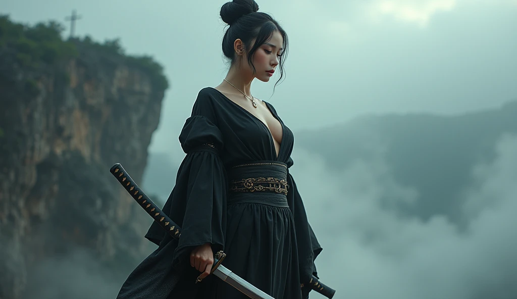 beautiful japanese woman with big breasts in revealing short samurai costume, fighting pose, confident look, battlefield, strong wind, heavy rain, thunderstorm