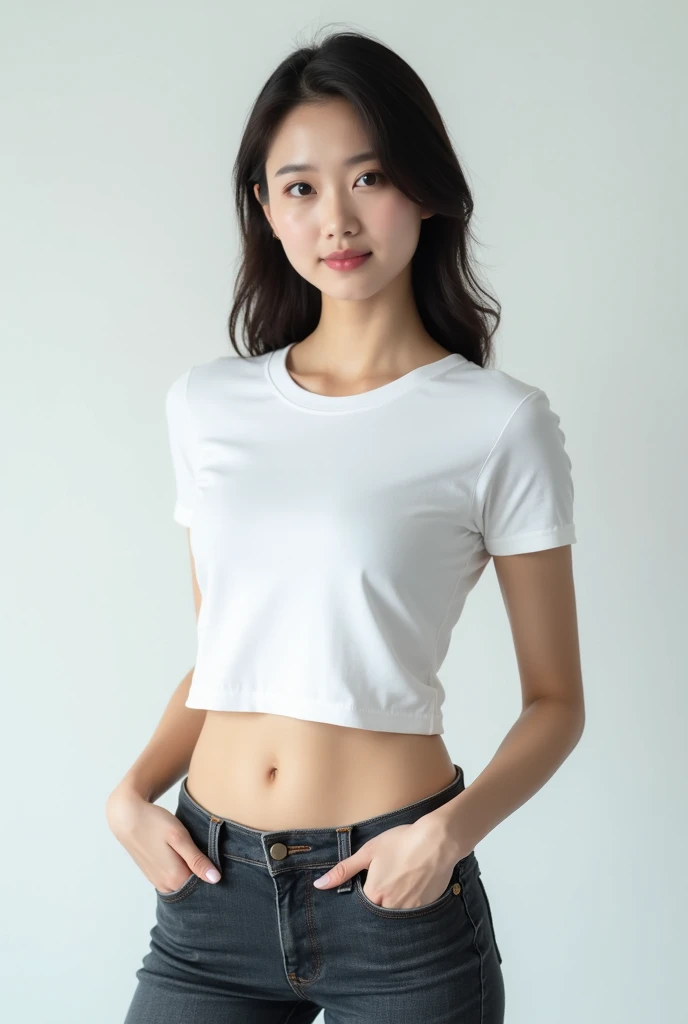 1 girl, medium body, perfect things, korean girl, , pretty face, cute, white oversized t-shirt, Layered hair, black shorts, background bed, take off your shirt with your hands, no bra, show boobs, big boobs.