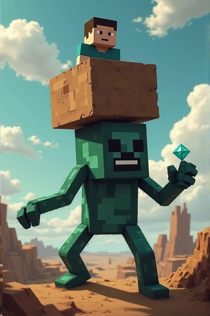 Minecraft creeperwoman with cube head black eye Green half black body blushing and show butt left side view 