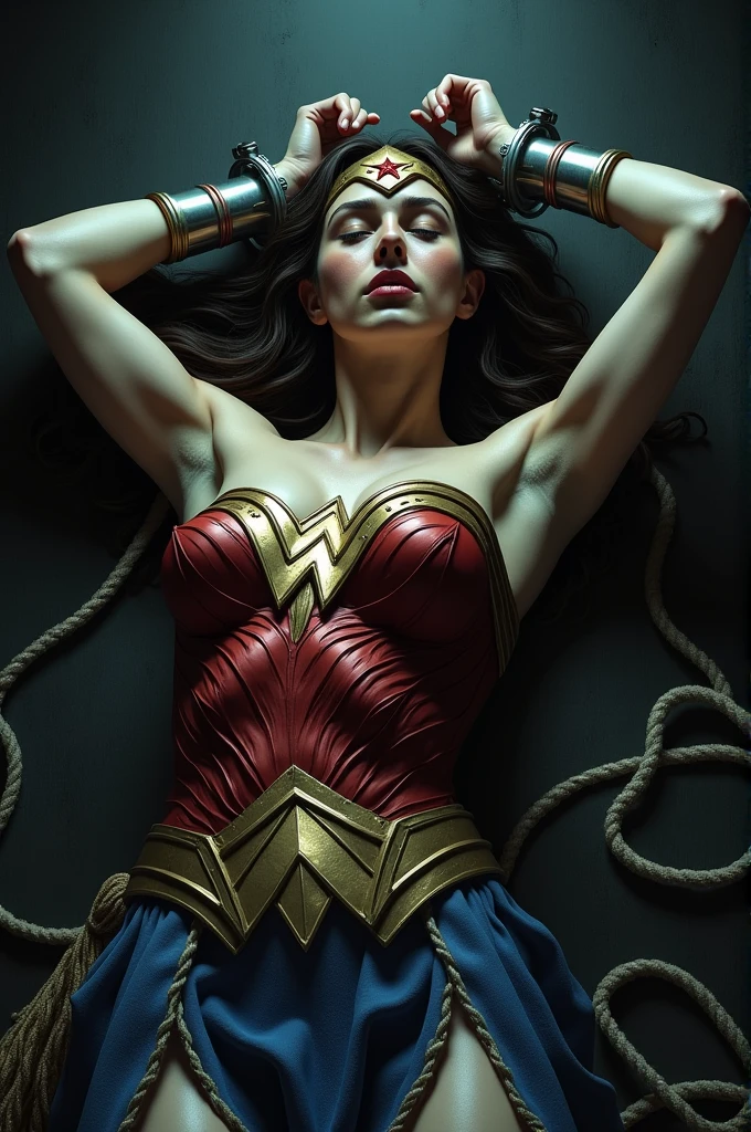 Wonder Woman bondage in a dungeon, (retrained:1.2), tied up, bound, BDSM, (ropes all over body:1.5), (long messy hair), (wonder woman costume)