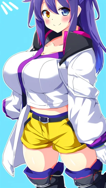 Zion 1 person, belt, chest, chestの谷間, clavicle, Holding, Holding_sword, Holding_arms, Horns, knife, big_chest, length_hair, Open_mouth, pants, ponytail, purple_eye, purple_hair, purple_Jacket, shirt, Simple_background, single_Horn, alone, sword, very_length_hair, arms, white_background,、 Nipple exposure、Thin red pubic hair exposed、Navel exposed、Soaking wet