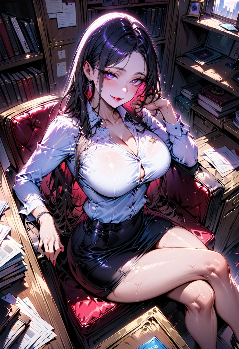 Mature beautiful woman,(Highest quality,Extremely detailed depiction,Incredibly absurd high resolution,Anatomically accurate depiction,Curvy Legs),(Glowing Skin,Shiny skin),(Office Lady,An excellent female secretary,Villainess),(business suit,Tight Skirt,Formal Shirt,High heels,Black Pantyhose,Luxurious accessories),eyelash,(Purple eyes,Detailed pupil,Half-closed eyes:1.3,There is cleavage in the chest,Wicked Smile,Glossy red lipstick,Sitting,Seductive gestures),whole body,(background:In the office,)