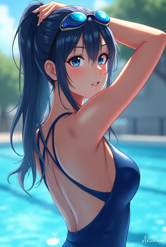 mksks style, masterpiece, best quality, long eyelashes, eyeliner, eye shadow, mascara, colorful, pink lips, deep skin, looking at viewer, full body photo, curvy, hestia (danmachi), 1girl, breasts, solo, long hair, blue ribbon, twintails, ribbon, medium to large breasts, blue eyes, black hair, black micro bikini, smile, hair ribbon, bow, bangs, blush, hair ornament, very long hair, arm ribbon, glowing skin, in the pool, focus on the legs, ((muscular legs)), ((muscular belly)), (((thin waist))), ((back to me showing the big muscular ass)), using thread black dental, ((looking at me)), full body photo,