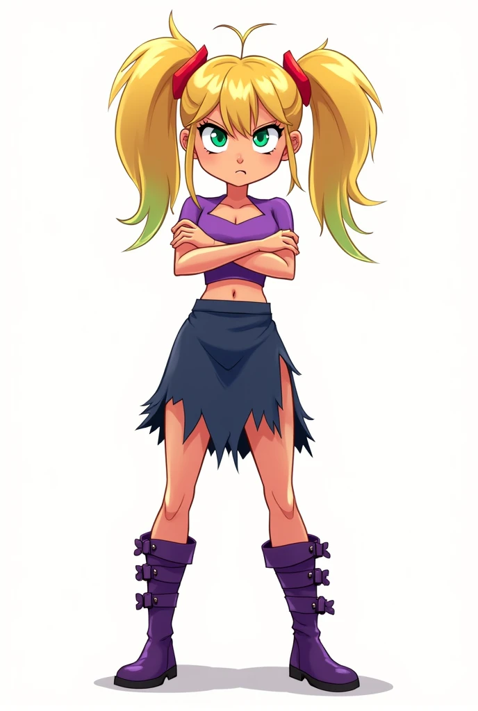 A female character with long blonde hair styled in two short pigtails with red tips and two long strands framing her face, also with red tips. She has expressive green eyes and is crossing her arms with a slightly frustrated or annoyed expression. The character is wearing a purple asymmetrical top that is torn at the side, paired with a jagged, dark blue skirt. She completes the outfit with purple knee-high boots featuring straps and buckles. The style is cartoonish, with bold lines, exaggerated features, and vibrant colors.