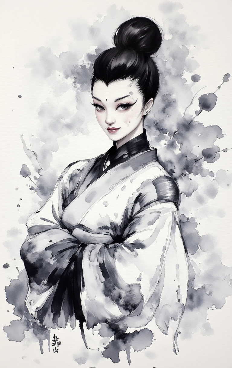 Chinese ink wash painting style, detailed portrait, merchant, fruit stall, masterful strokes, gentleness in eyes, grace in movements, wisdom in smile, minimalistic aesthetic for fruits, graceful and flowing brushstrokes for stall, inspired by Qi Baishi, daily rhythms of market life <lora:zyd232_InkStyle_v1_0:1>