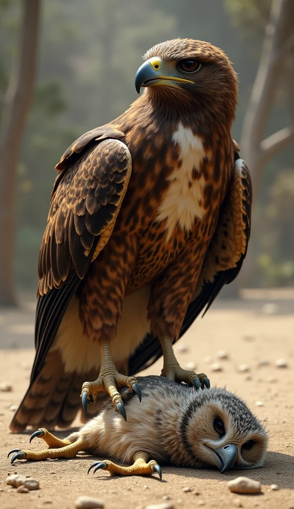 A dead Owl Bird is lying on the ground and an hawk Bird is standing with one foot on top of the Owl.hawk size bigger then Owl.