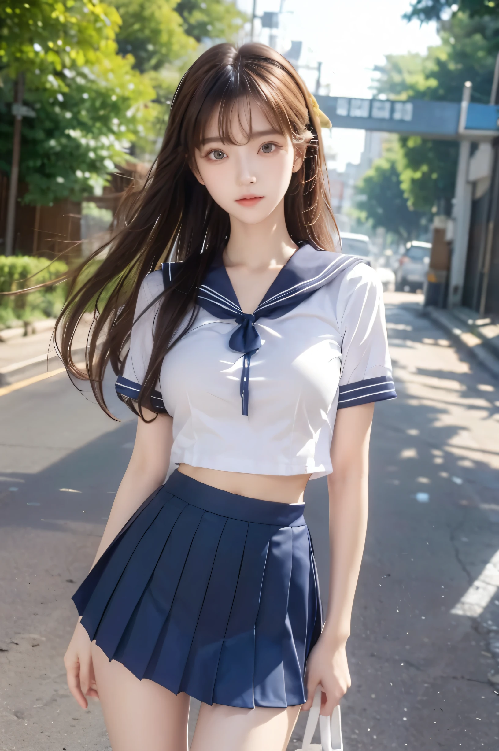 (Ultra HD), (Looking at me), (Short-sleeved sailor uniform, Navy blue mini skirt), Big Breasts, Super beautiful breasts, Slender, (Thin legs:1.2), (Thin thighs:1.2), (Thin Hips:1.4), (Beautiful Skin, Shiny skin, White skin), (Super slim face, Super beautiful face, No makeup, Smile:0.6), (Light Brown, Long Hair, Layered Cut, Fluffy hair), (Big eyes:1.3, High corners of the eyes:1.6, Double eyelids), (Thin eyebrows:0.1), (Small Nose:0.6), (Thin lips:0.6), Standing, In front of the school gate