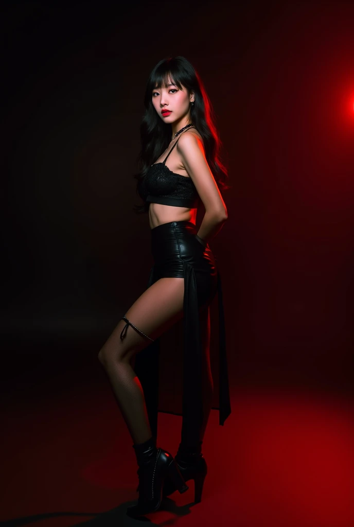 a woman in a black lingersuit posing for a photo in a studio, seen from behind, perfect body, ultra detailed, photorealistic, masterpiece.