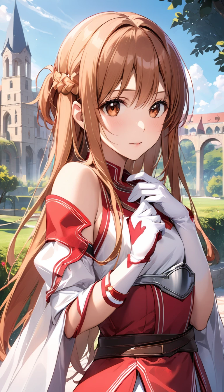 ((masterpiece)), Best Quality, Very detailed,(One Girl)、Yuuki Asuna、Brown eyes、Brown Hair、Long Hair、bangs、Braids, Bare Shoulder, chest当て, armor, Removable sleeves, gloves, white gloves, dress, (red and white dress), Long Hair, Beautiful background ,clothing,  chest, 