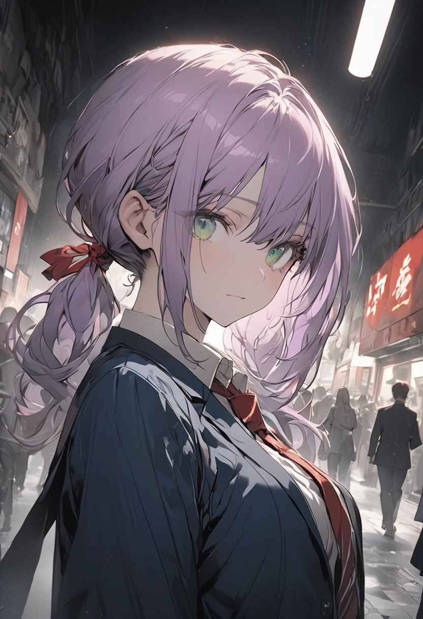 Masterpiece, Ultra detailed, Official art, Muted colors, Low saturation, Illustration, Hi-res, 16K, Cinematic lighting, Dramatic angles, One girl and one small girl, (One girl, 158cm tall, pale purple hair, low-twintails, green eyes, navy blue blazer, dress shirt, red ribbon tie, navy blue and red tartan skirt, smiling,), (One small girl, 130cm tall, grey hair, short ponytail, blue eyes, expressionless, black gothic ****ta outfit), Two people walking hand in hand, looking at each other, Shopping street in the evening,