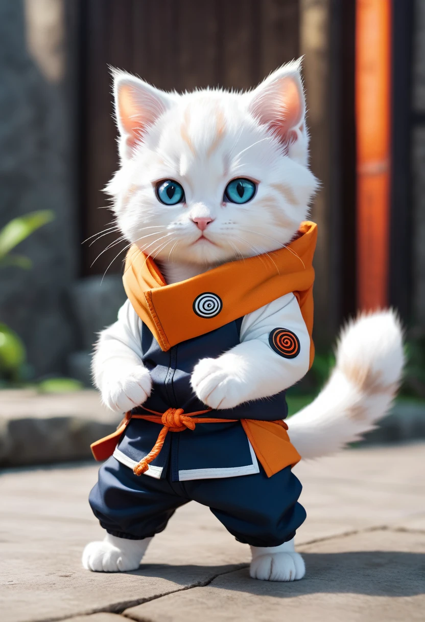 Cute big-headed white kitten dressed as Naruto、Rasengan Pose、Dynamic composition、Impressive screen、cool composition、Realistic、Hold your right fist on your hip、Naruto&#39;s Headband、Swirling Wind