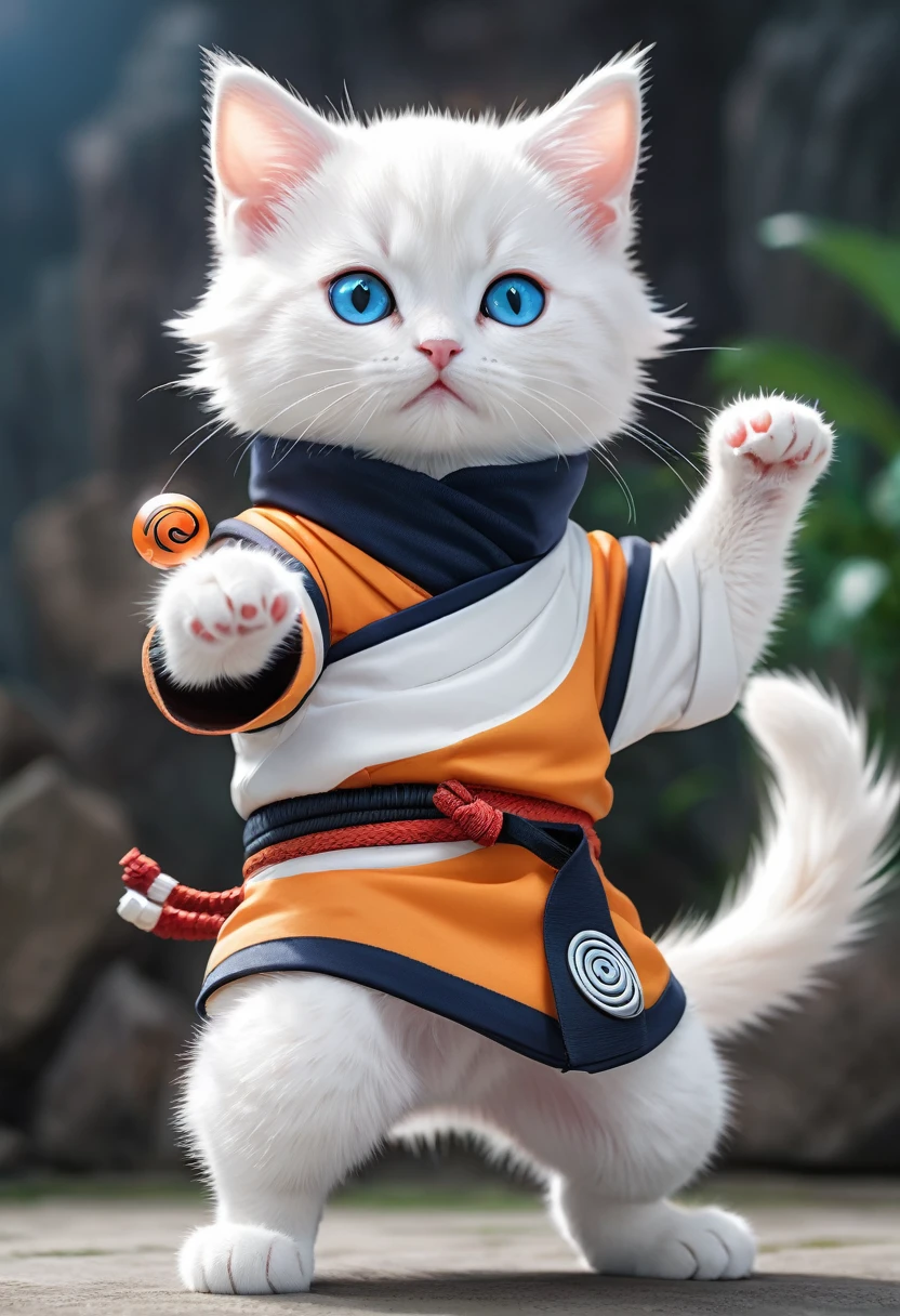 Cute big-headed white kitten dressed as Naruto、Rasengan Pose、Dynamic composition、Impressive screen、cool composition、Realistic、Hold your right fist on your hip、Naruto&#39;s Headband、Swirling Wind