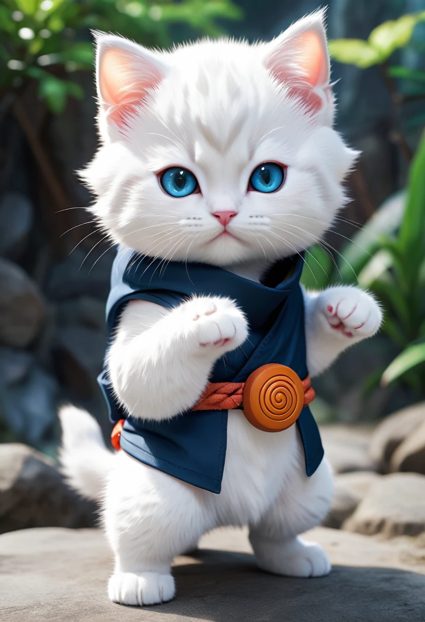 Cute big-headed white kitten dressed as Naruto、Rasengan Pose、Dynamic composition、Impressive screen、cool composition、Realistic、Hold your right fist on your hip、Naruto&#39;s Headband、Swirling Wind