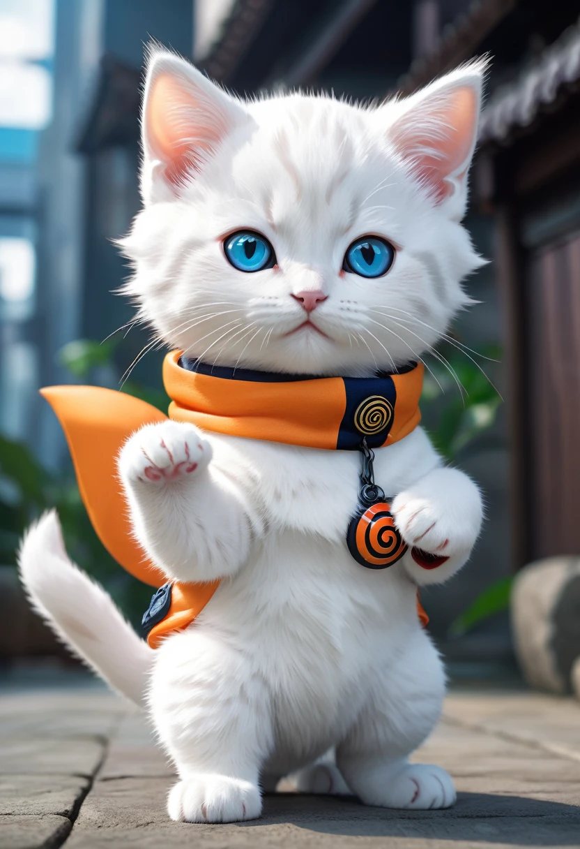 Cute big-headed white kitten dressed as Naruto、Rasengan Pose、Dynamic composition、Impressive screen、cool composition、Realistic、Hold your right fist on your hip、Naruto&#39;s Headband、Swirling Wind