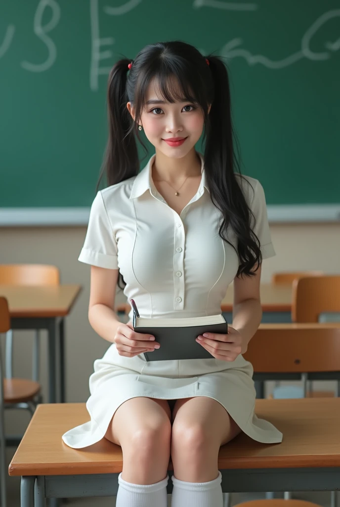 A Korean teacher sitting in front of the blackboard with her legs open teaching her students how to masturbate