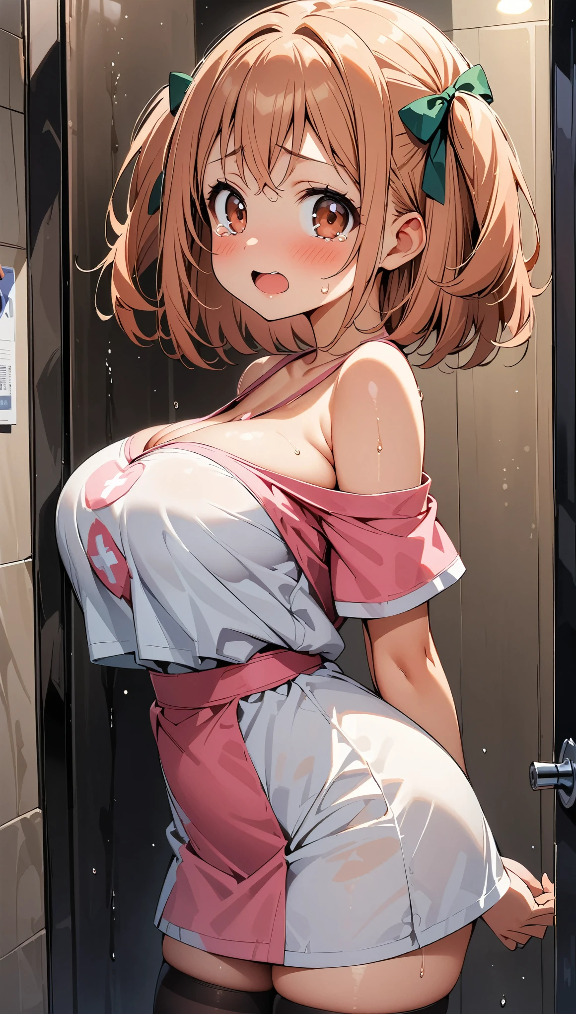 (curvy, large breasts, tented costume), (Off shoulder pink nurse), ((1girl, sasaki chiho, hataraku maou-sama!)), beautiful detailed eyes, red eyes,(cute eyes), black thigh highs, arms behind back, (Carving Waistline), Shower room, (cowboy shot, from left side), Best Quality, Super detailed, masterpiece, Ultra-high resolution, 8k, Embarrassing, blush, Nice, (With tears in my eyes), open mouth, sweat, (from left side), (from left side)