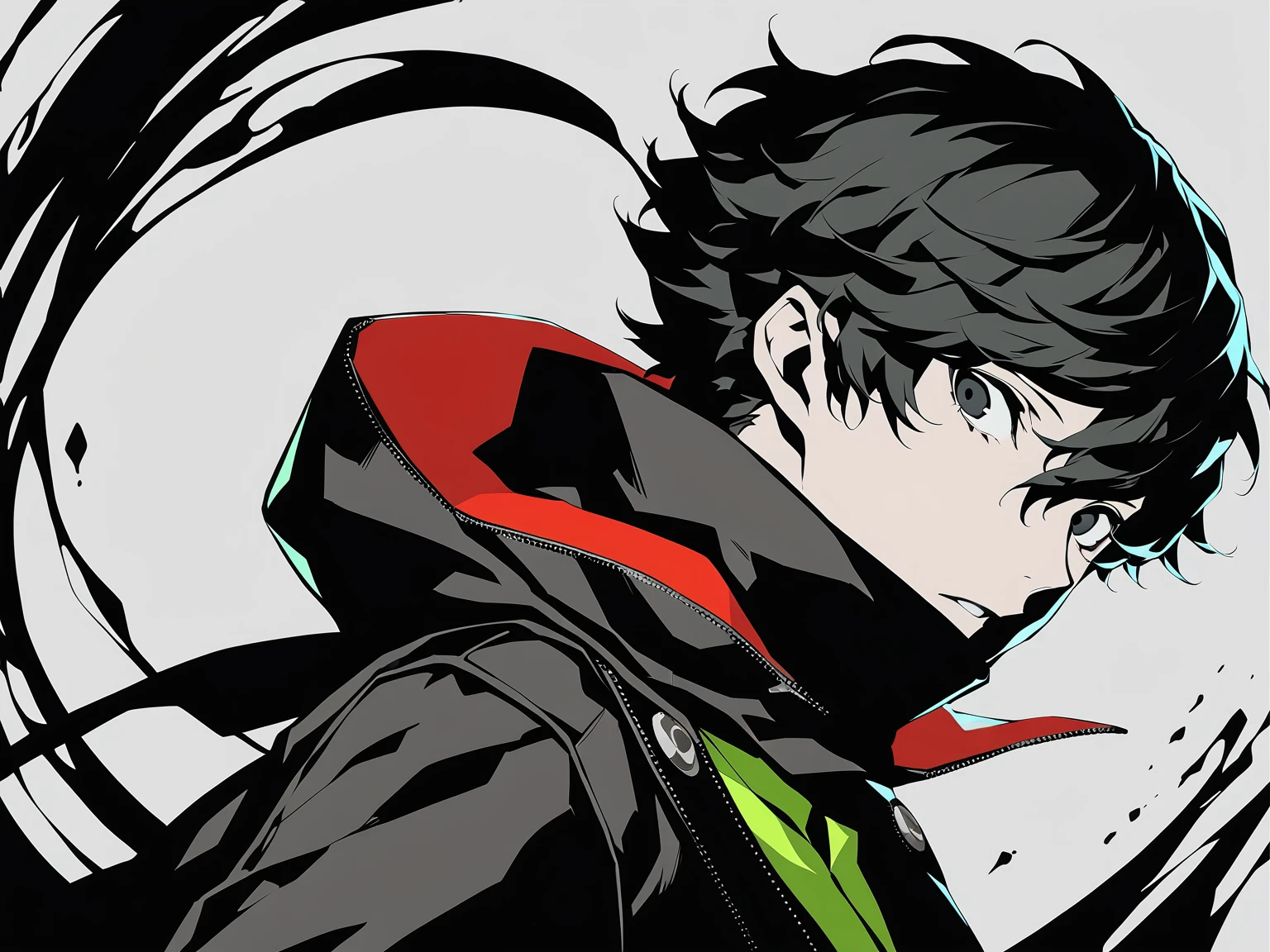 1man, male focus, black eyes, solo, black hair, simple background, looking at viewer, masterpiece, best quality, black cloak, green tie, magics, middle part hair, persona5, ren 