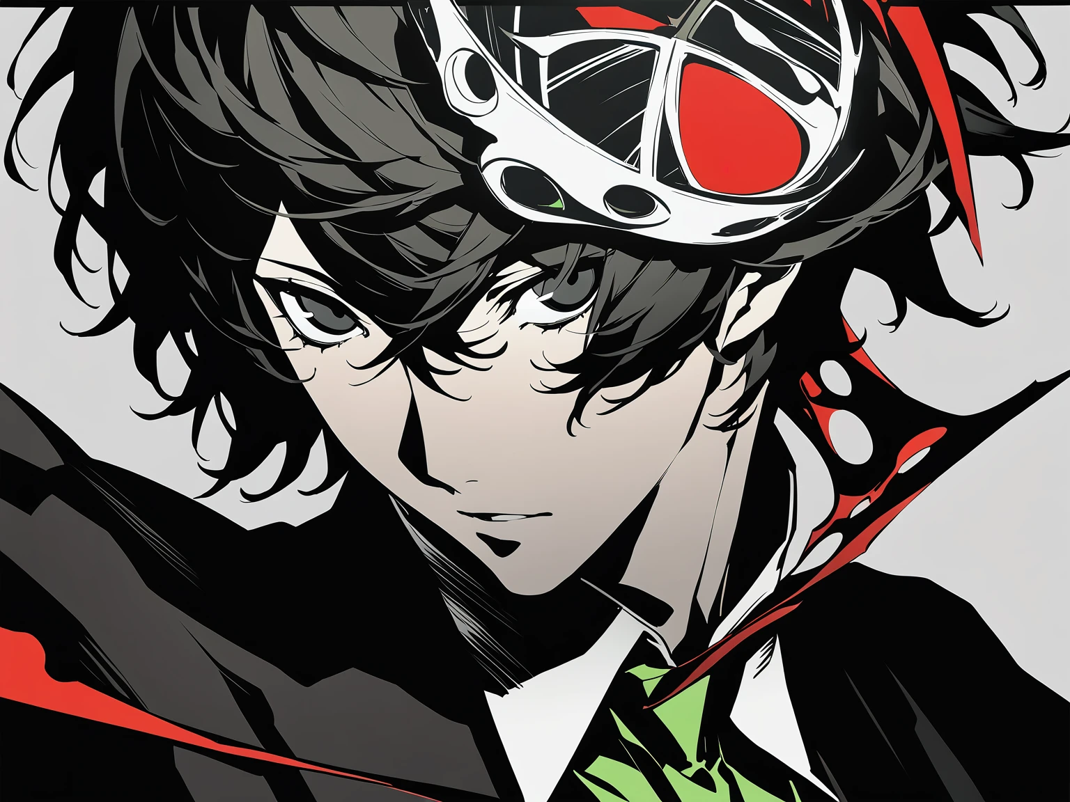 1man, male focus, black eyes, solo, black hair, simple background, looking at viewer, masterpiece, best quality, black cloak, green tie, magics, middle part hair, persona5, ren 