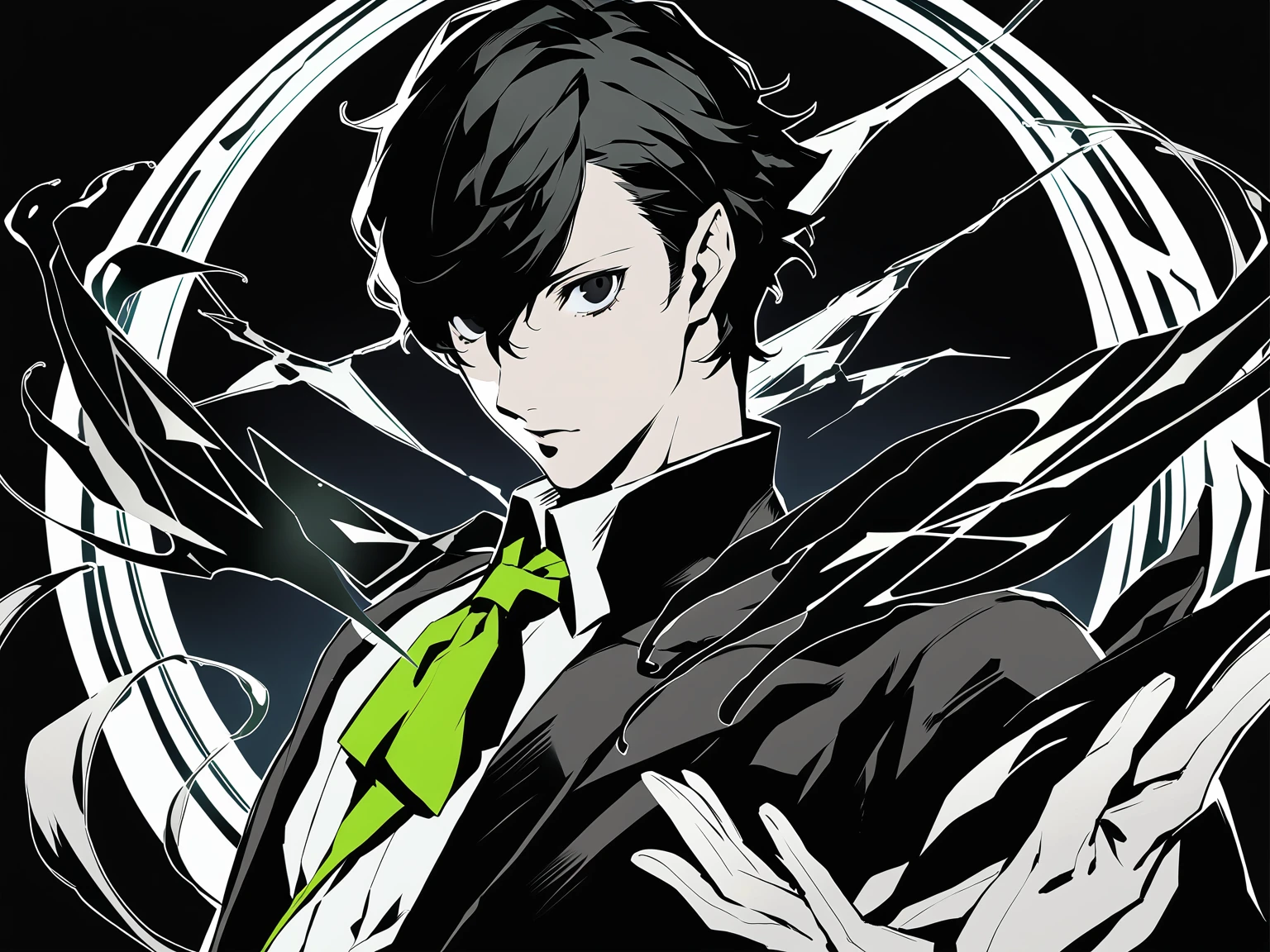 1man, male focus, black eyes, solo, black hair, simple background, looking at viewer, masterpiece, best quality, black cloak, green tie, magics, middle part hair, persona5, ren 