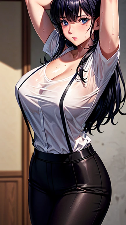 (masterpiece), best quality, expressive eyes, perfect face, mature woman, school teacher, strict, huge breasts, (one hand on own chest:1.2, second hand behind own back:1.2), mole on breast, cleavage