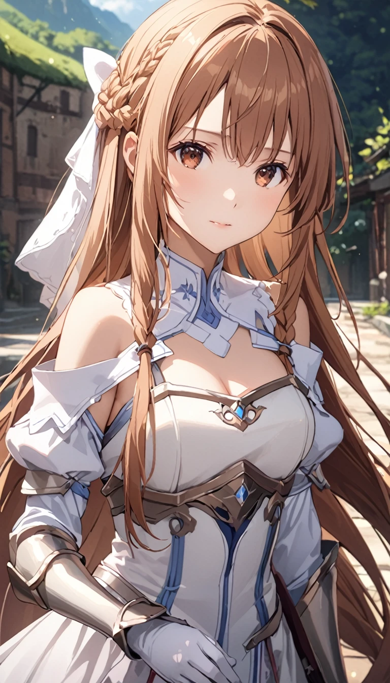 ((masterpiece)), Best Quality, Very detailed,(One Girl)、Yuuki Asuna、Long Hair、bangs、Brown Hair、Brown eyes、非常にLong Hair、Braids、Bare Shoulder, chest当て, armor, Removable sleeves, gloves, white gloves, dress, (red and white dress), Long Hair, Beautiful background ,clothing,  chest, 