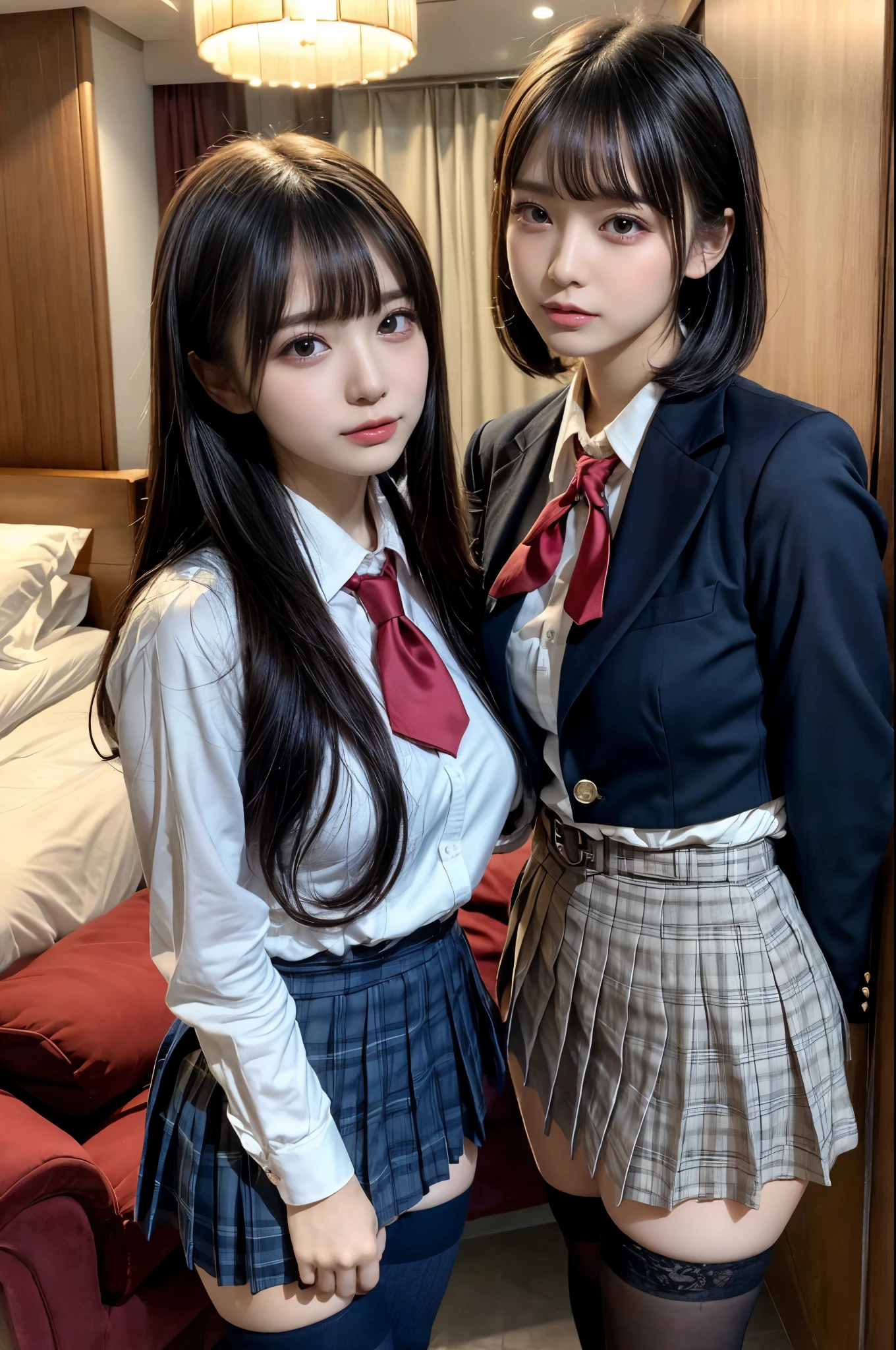 muster piece, best quality, illustration, Super detailed, fine details, High resolution, 8K,wall paper, perfect dynamic composition,(Details High quality, realistic depiction of eyes:1.3), ((2 girls, 2 schoolgirls)), The background is a luxury hotel room、High school girl uniform、blazer 、Super Short Check Uniform Skirt、Navy blue high socks、garterbelts、Colossal tits、Disturbed uniform, Play with each other,Touching each other's bodies,Touching the body of the girl next door, short bob hair, black hair color, huge breasts, Big Natural Color Lip, bold sexy pose, (perfect body shape), crying a little、cold gaze, Harajuku style、20 year old girl、 beautiful legs, hposing Gravure Idol, Voluptuous thighs