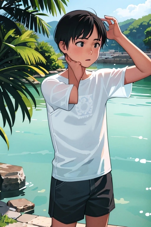((Best quality)), ((masterpiece)), cute skinny boy, Shy, 12 years, shirtless, in short white transparent swimming trunks, back to camera