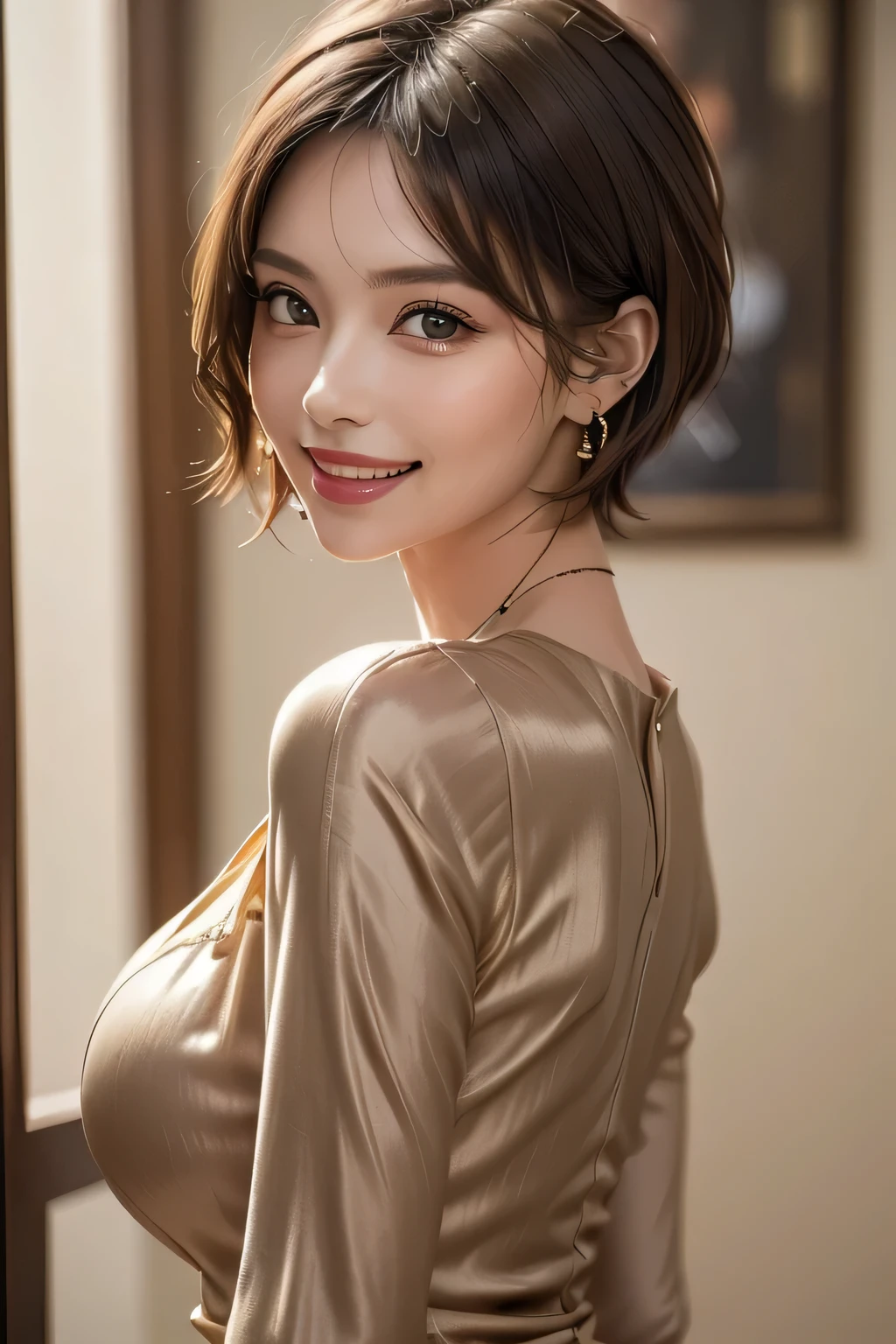 (1. Beautiful Woman, Supermodel), (Perfect Anatomy), Anatomically correct body shape, (Cowboy Shot), Golden Ratio, (Best Quality:1.4), 32k resolution, (Realistic:1.5), (超Realistic:1.5), High resolution UHD, (masterpiece:1.2)), (Improved quality:1.4), (Very beautiful facial details), (Grin), (Best QualityのRealisticな肌のテクスチャ), ((Random color silk dress:1.37)), Big earrings, necklace, (Huge breasts:1.3), (thigh), (Huge Ass), Accurate Fingers, Very detailed, Beautiful Eyes, Double eyelids, eyelash, Shaping your eyebrows, ((Very detailed)), Red cheeks, Ultra-realistic eyes, Perfect Lips, Perfect Eyes, Perfect Iris, Natural Makeup, [Pink lipstick], ((A great eye for quality:1.2)), (Beautiful Lips:1.33), (Great nose:1.2), (brunette pixie cut), ((Realistic)), ((Sharp focus)), (Highest Resolution), ((The most ridiculous quality)), ((masterpiece)), Professional Cinema Lighting