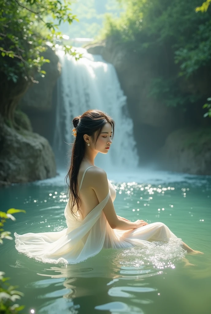 Create a digital masterpiece that captures the essence of tranquility and serenity. Incorporate either a gracefully beautiful woman in a serene natural landscape, using a harmonious blend of colors and soft textures. Your artwork should evoke a sense of inner peace and calm, inviting viewers to escape into a world of soothing beauty.