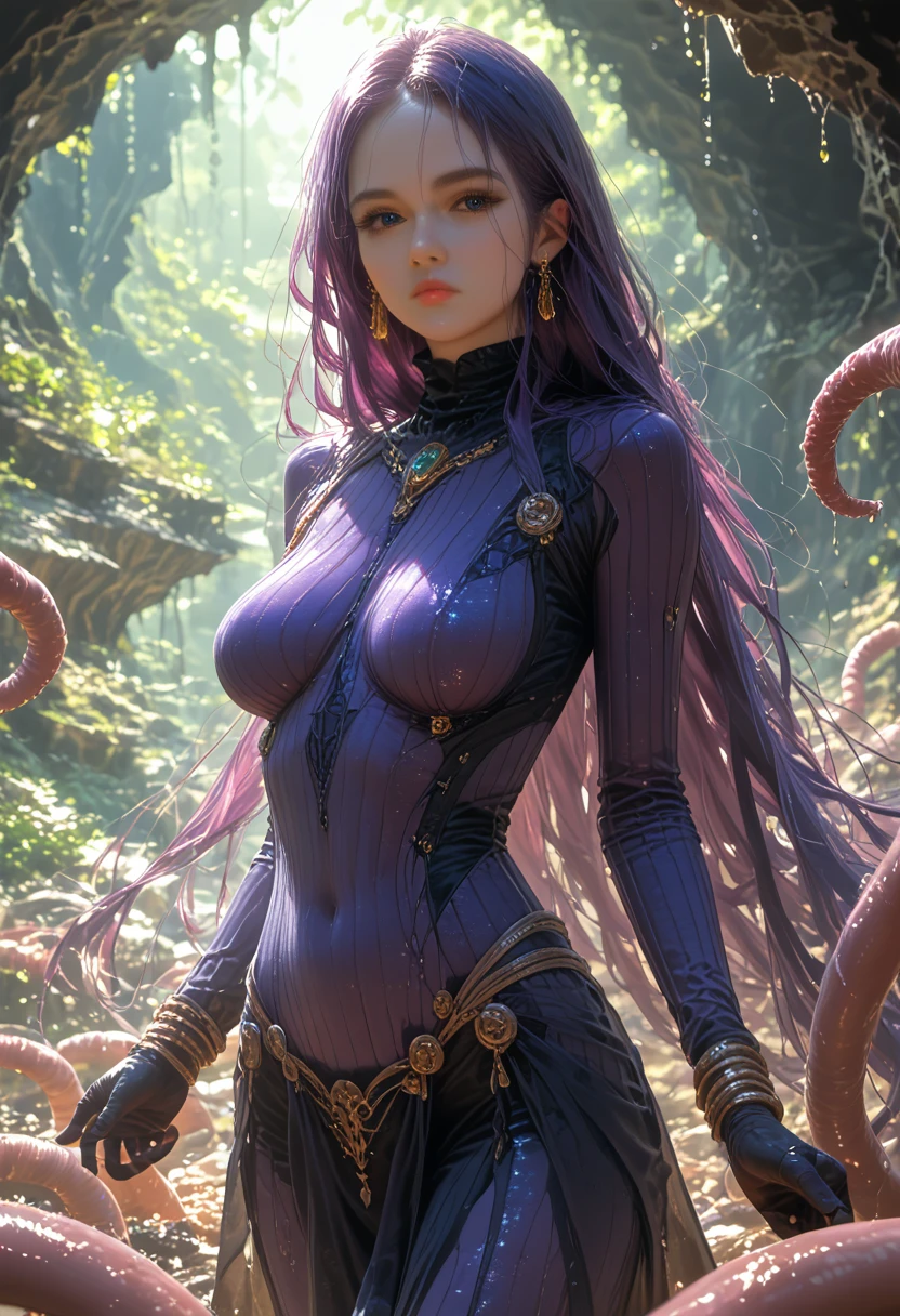 ((ultra realisitic)), ((picture-perfect)), ((face perfect)), ((ultra detaild)), ((fully body)), ((perfectbody)),a naked girl with purple hair with spikes shaped like snakes, posando, divinity, fully body, 