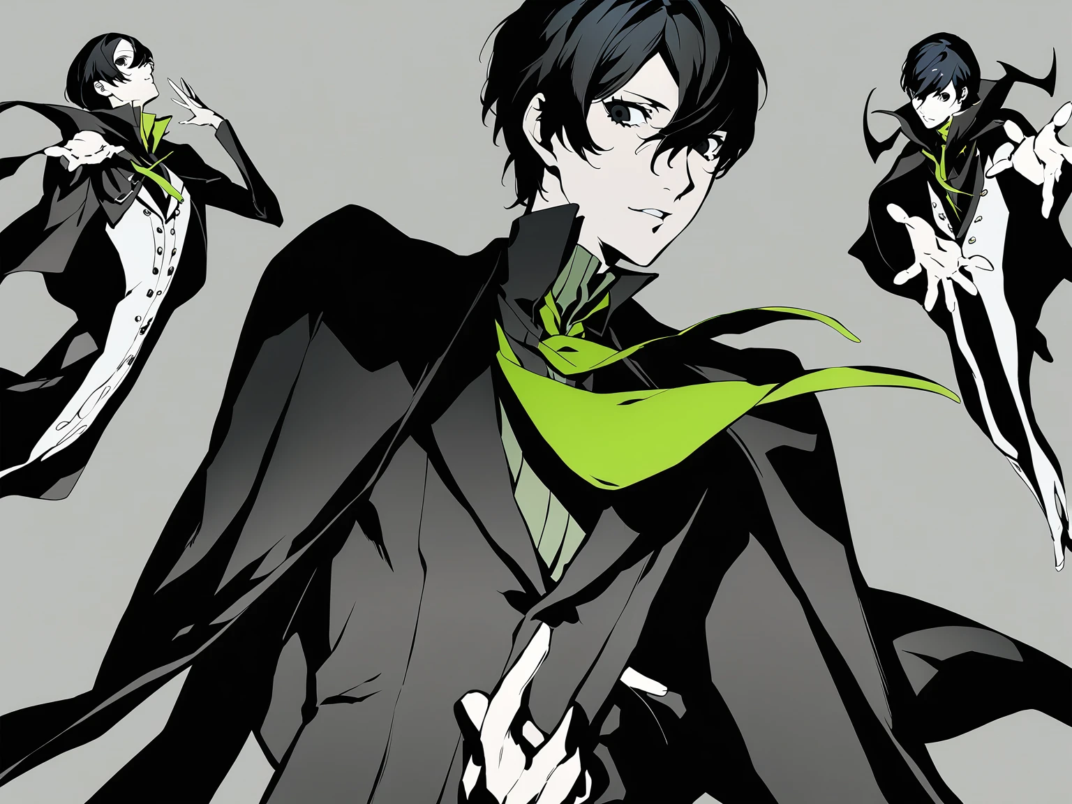 1man, male focus, black eyes, solo, black hair, simple background, looking at viewer, masterpiece, best quality, black cloak, green tie, magics, severus snape, persona5, ren amamiya