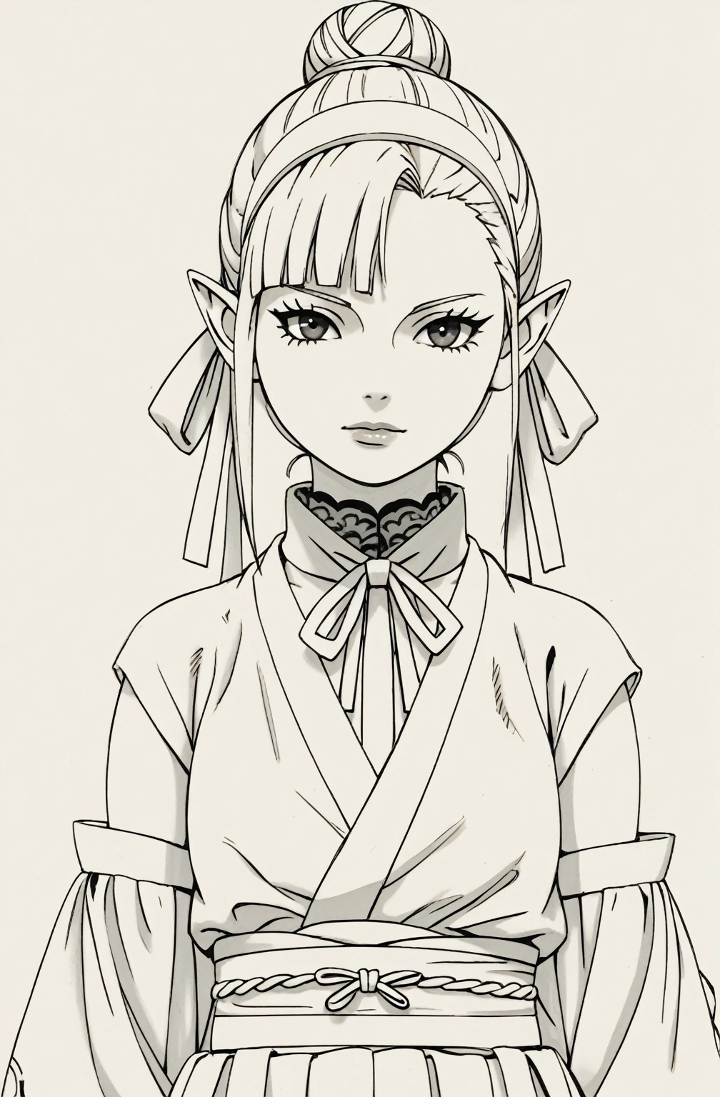 An anime character wearing short black and white hakamas, two ribbons {one at each side of her hairband}, white obi with black and white seigaiha pattern, girl with elf ears, a beautiful young girl with long black hair tied up in one single bun centered on top of her head, asymmetrical chopped bangs sideswept to the right, white hairband with ribbons on both sides of her head, a lock of hair falling in front of the right side of her face. Full shot of an anime character wearing short black and white hakamas, two ribbons {one at each side of her hairband}, white obi with black and white seigaiha pattern, create a digital illustration of full body of a female character with almond-shaped black eyes, elf ears, and round dots instead of eyebrows. For the hairstyle, she should have black hair styled into a single bun at the back of her head, complemented by asymmetrically chopped bangs that transition into a long lock on one side. Her outfit should match short hakama with detached sleeves and frills under the shorts and the sleeves, in a gothic style, featuring intricate white lace patterns, detailed cutouts, and a white obi with a black seigaiha black pattern. The upper part of the outfit should be a kimono blouse with detached sleeves. The outfit should include layered skirts and ribbon details to emphasize a similar aesthetic. Add a muted background that complements her striking attire and hairstyle. Artwork in the style of guweiz, digital art inspired by the style of Ilya Kuvshinov, 8k, high resolution, HDR, vivid colors, dramatic light detailed anime art, 8k, high resolution, photorealistic, dramatic lighting, artwork in the style of guweiz, detailed portrait of anime girl, beautiful anime portrait, anime realism style, anime style portrait, anime style 4 k, realistic anime art style, digital art ilya kuvshinov, realistic anime artstyle, ilya kuvshinov. Portrait anime girl, girl wearing black hakama with detached sleeves.