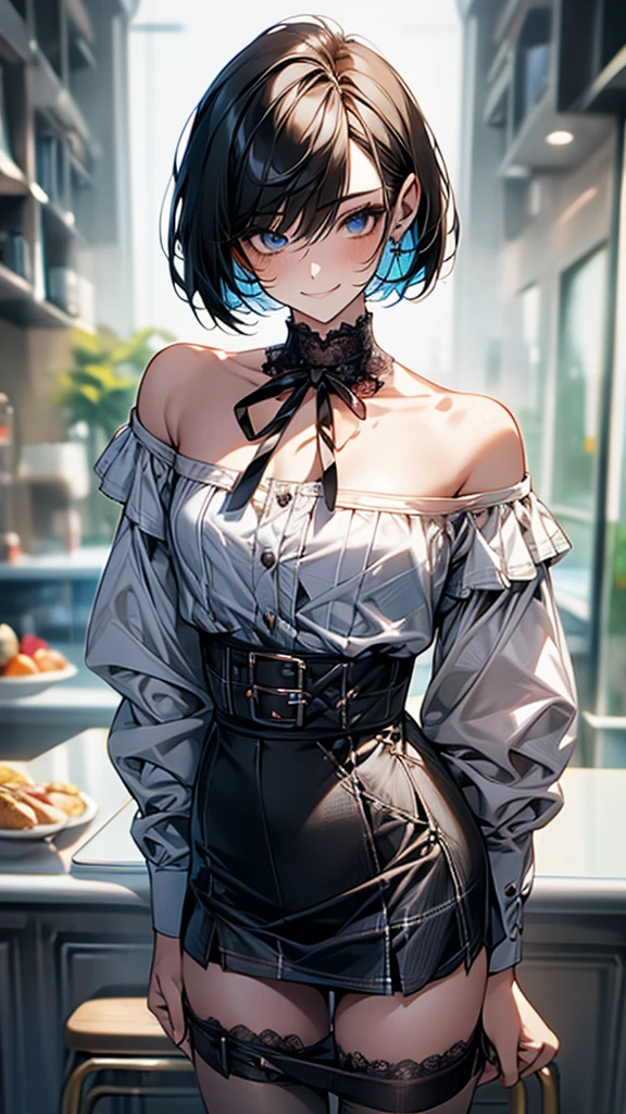 Best Quality, 1boy,Androgynous male,(Flat Chest:1.3),Black Hair,Short Bob Cut,(Off-the-shoulder blouse),Lace neck top,Long sleeve,Ribbon on sleeve,(Checked mini skirt:1.5),Ribbon on waist,Vertical striped tights,Smiling Kindly,smile,Portraits, Inside a quiet cafe:1.5,autumn,Detailed cloth texture,6 heads