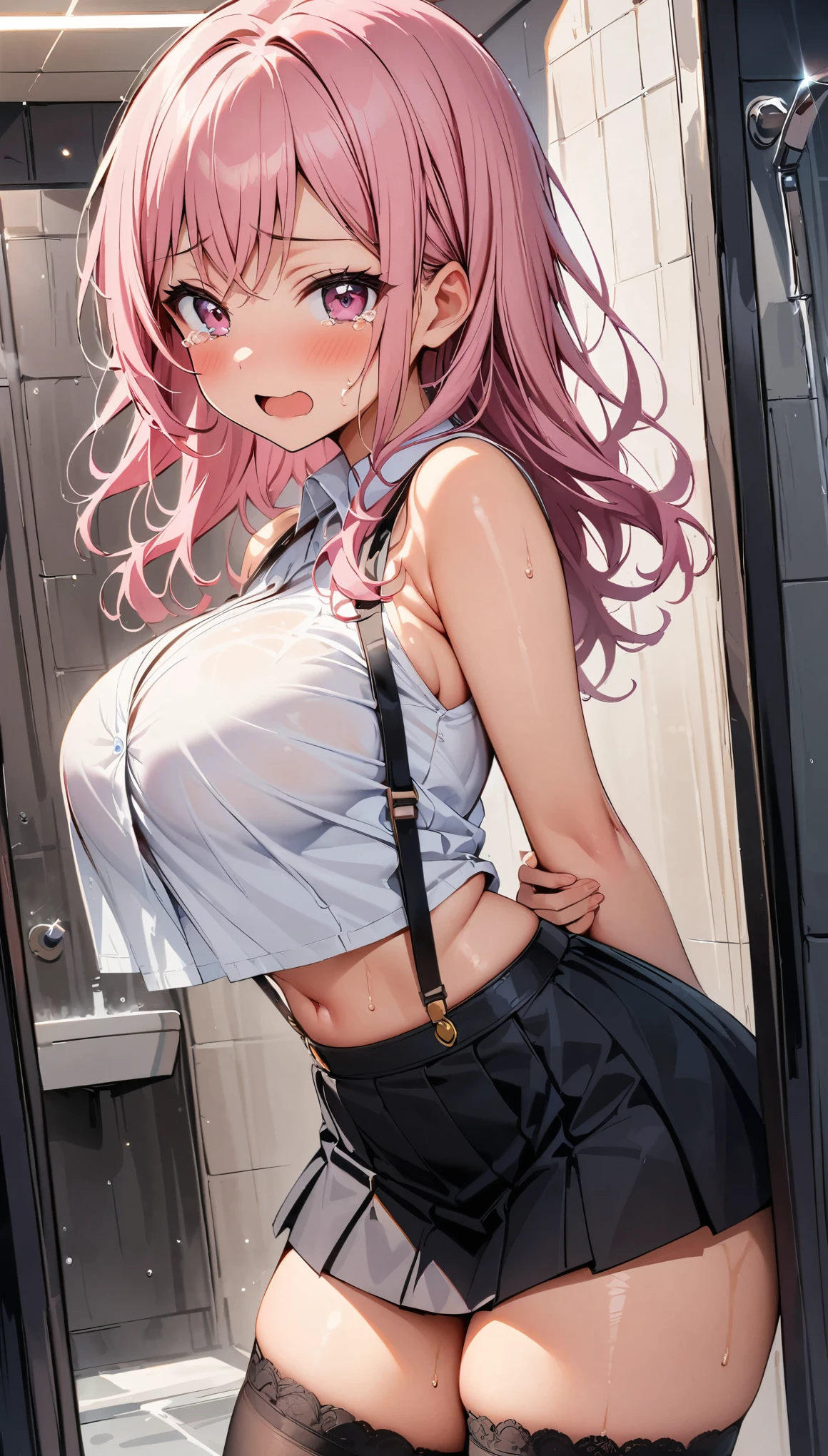 Highest quality, Super detailed, masterpiece, Ultra-high resolution, 8K, Embarrassing, blush, Lovely, Close one eye, With tears in her eyes and her mouth open, drooling, (arms behind head), wariza, (off-shoulder white shirt, micro mini skirt), cleavage out, crop top navel, 1girl, jinno megumi, eromanga sensei, medium breasts, Absolute area, Waistline, (Shower room, I take a shower)