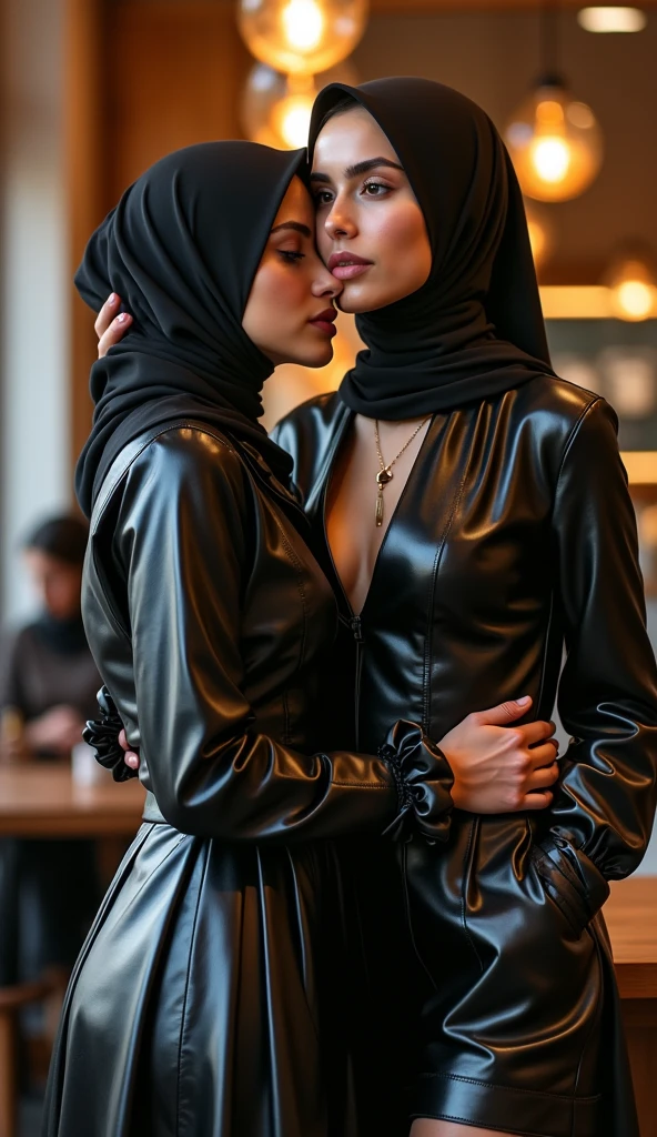 petting with each other, sensually touching, dark green brown surrounding with chesterfield lounge and spot lights, high collared closeup, moving closer, clothing with nubs and buffers, perforated eyemask, cafe, delicious ambience, colonial espresso, holed hijab pvc, transparent pvc gloves, flowery holed latex gothic black mask, high-gloss perforated satin leggings, shiny bandana, belted mouth black mask, shiny skirt leggings covered, high gloss legging trouser skirt pockets, knob-front, button placket, sweet woman wearing multi-layered high gloss clothing perforated, fluffy eyebrows insanely thick, arabesque glamour, beautiful mongolia, korean romper, holed latex trousers, colourful broad belt, printed rose hips, bow style glossy flowered headscarf fully covered, silky romper, flowery khimar satin floral hijab veils blouse tunic, very long sleeved latex clothing, floral mouth black mask, shiny flowery satin gothic latex black mask with knobs, wearing teal yellow mustard colored holed perforated layered shiny vest-blouse from top to bottom with knee length shiny boots and a floral latex leggings over the pleated romper with shiny high collar long tunic-blouse and pockets, close to each other, belt wide, floral satin high collared long sleeve blouse with buttons and knobs, high-necked rubber high collared long leg romper, leather coat, floral sunglasses, very high collared blouse made of satin and PU faux leather with shiny floral face black mask and pockets, so much floral satin high collared romper with button placket, long open button-front blouse hanging, satin high collar, satin gloves, plissee pleated glossy longskirt with knobs, pvc long trousers, buttoned pvc skirt, pockets, knobs, a lot of bows, flowery satin khimar knobbed, floral latex and leather khimar long buttoned, reading glasses, led lights, led stripes floral pink wall, coming closer, closeup portrait telephoto, shallow depth-of-field, eye cover, blindfold, headband, eye band, eye scarf, face veil,