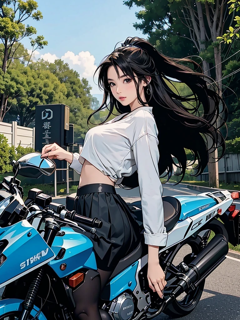 Create an RPG-style scene where a beautiful young brown-eyed Japanese woman is having a photoshoot while riding a sexy big size motorbike.。
Wearing a micro mini skirt。Buckshot。Strong winds。