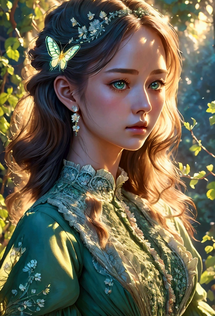 Detailed portrait of a young girl in a green dress, butterfly hearts and pleated lace, Edwardian lace dress, (highest quality, 16k, high resolution, masterpiece: 1.2), (detailed, detailed, realistic: 1.37), detailed eyes, detailed lips, highly detailed face, long eyelashes, beautiful dress, elegant pose, sunny garden background, warm color tones, soft lighting,