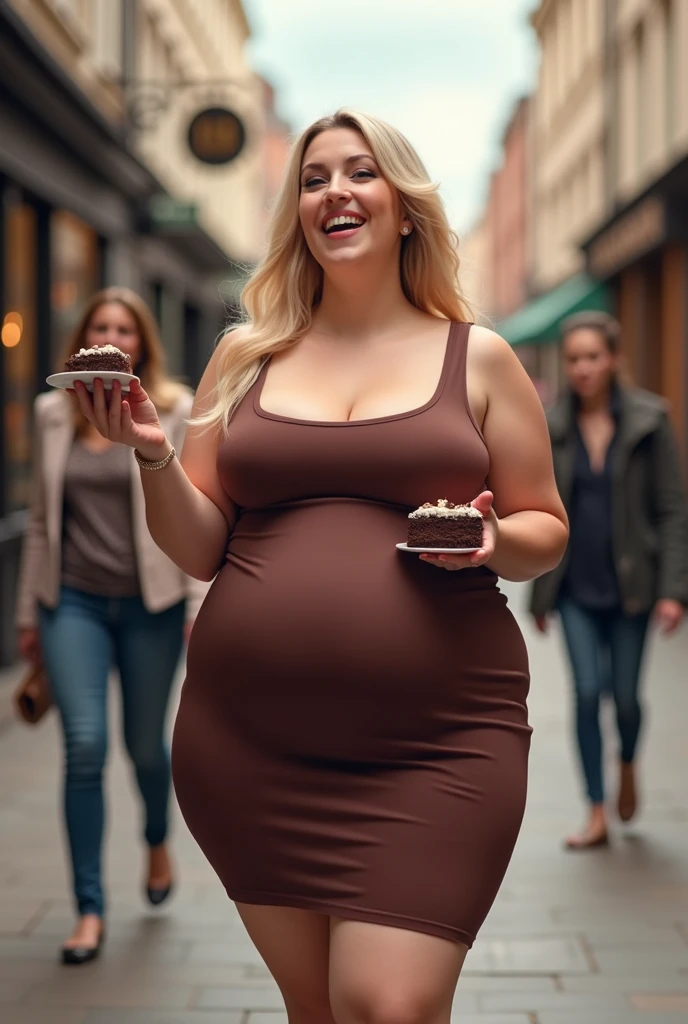 a chubby woman with pale skin, dyed blonde hair, bloated, wearing bodycon dress that a
is too tight, exposing her tummy and love handles, eating a chocolate cake with one hand while rubbing her soft and chubby belly with the other hand, pot bellywalking on a British high street, (best quality,4k,8k,highres,masterpiece:1.2),ultra-detailed,(realistic,photorealistic,photo-realistic:1.37),HDR,UHD,studio lighting,ultra-fine painting,sharp focus,physically-based rendering,extreme detail description,vivid colors,bokeh,plump,chubby,belly,fat,beautiful,attractive