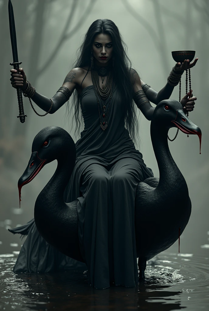 A headless female body, bleeding, sitting position as if being executed, surrounded by many human skulls, scattered as if after a massacre, surrounded by crows, underneath a pool of bloody water, in the middle of the desert, hands and feet tied with chains, her body full of wounds, sensual body, big breasts, short wavy hair, beautiful Asian woman, tied with chains, in the sahara desert, showing a scary atmosphere, with many human corpses, dusk, fog, latenight, very realistic, very realistic.