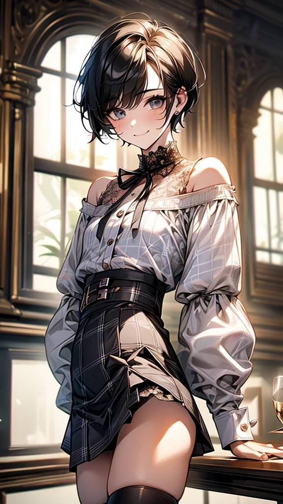 Best Quality, 1boy,Androgynous male,(Flat Chest:1.3),Black Hair,Short Bob Cut,(Off-the-shoulder blouse),Lace neck top,Long sleeve,Ribbon on sleeve,(Checked mini skirt:1.5),Ribbon on waist,Vertical striped tights,Smiling Kindly,smile,Portraits, Inside a quiet cafe:1.5,autumn,Detailed cloth texture,6 heads