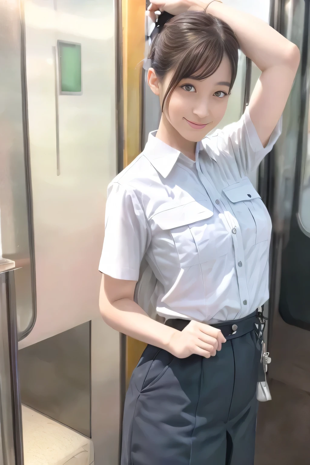(masterpiece:1.2, Best Quality:1.2), 32K HDR, High resolution, (Alone、1 girl)、(On the roof of a building during the day、Professional Lighting)、Building rooftop background、(Real style woman wearing train crew uniform6)、(woman train crew uniform6 blouse short sleeve 、 Knee-length culottes skirt、Belt on waist)、(woman wearing train crew uniform6 vest)、Dark brown hair、(Hair tied up、Hair Bun)、Dark brown hair、Long Shot、Big Breasts、Thin legs、((Great hands:2.0)),((Harmonious body proportions:1.5)),((Normal limbs:2.0)),((Normal finger:2.0)),((Delicate eyes:2.0)),((Normal eyes:2.0)))、smile、(woman train crew uniform6 Knee-length culottes skirtを見せた美しい立ち姿)、