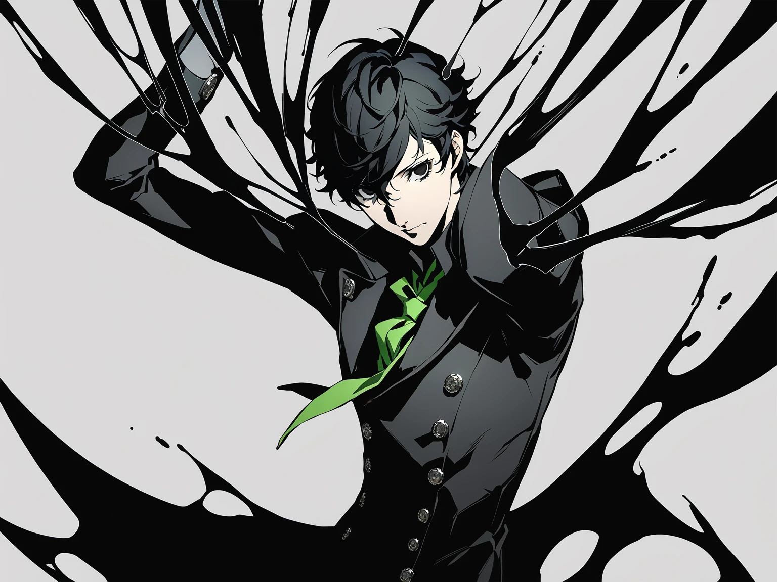 1man, male focus, black eyes, solo, black hair, simple background, looking at viewer, masterpiece, best quality, black cloak, green tie, magics, persona5, adult ren amamiya but antagonist