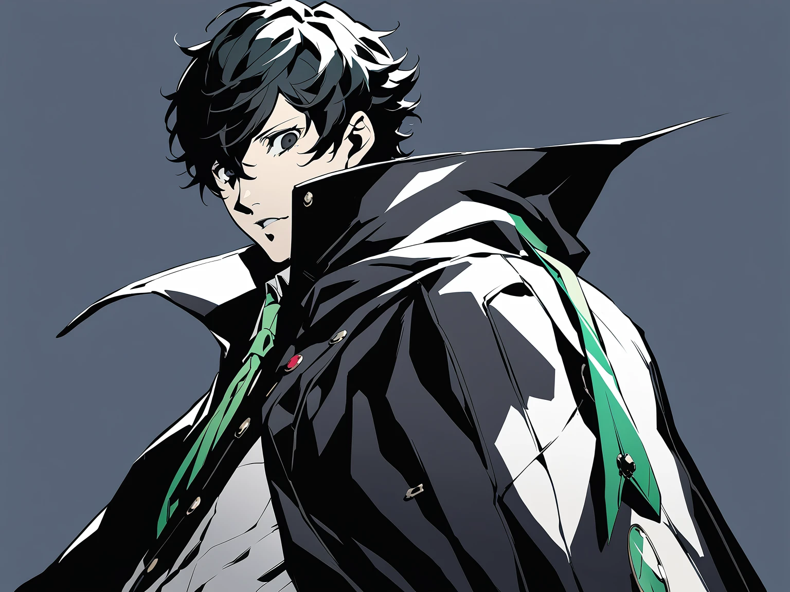 1man, male focus, black eyes, solo, black hair, simple background, looking at viewer, masterpiece, best quality, black cloak, green tie, magics, persona5, adult ren amamiya but antagonist