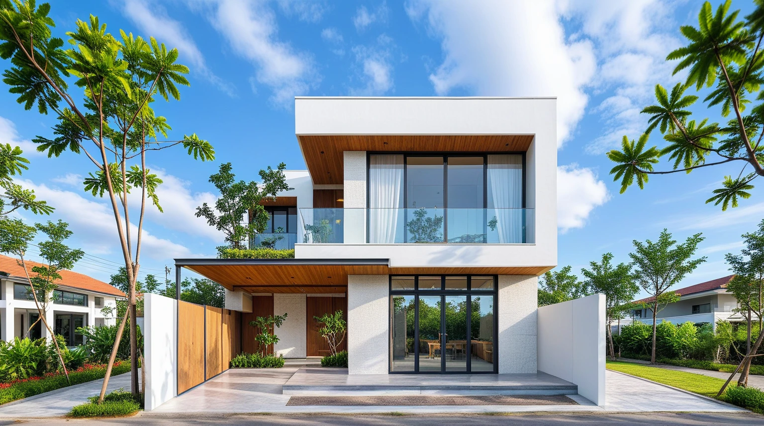 Masterpiece, high quality, best quality, authentic, super detail, outdoors, house style modern,bietthuhn, white wall, glass windows, gate road,pavement, grass, trees,blue sky, cloud, (day:1.1), realistic lighting