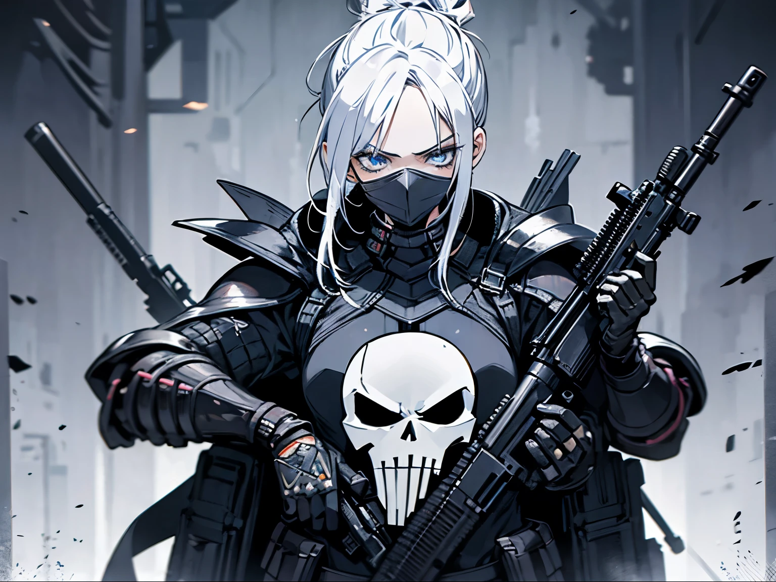 Girls aged between 22 , Have muscles,A woman with long white hair (Top knot Hairstyles)One person, . big, Blue eyes. She stands, Wearing black bulletproof armor, The Punisher, Wearing a skull mask , M16A4 rifle