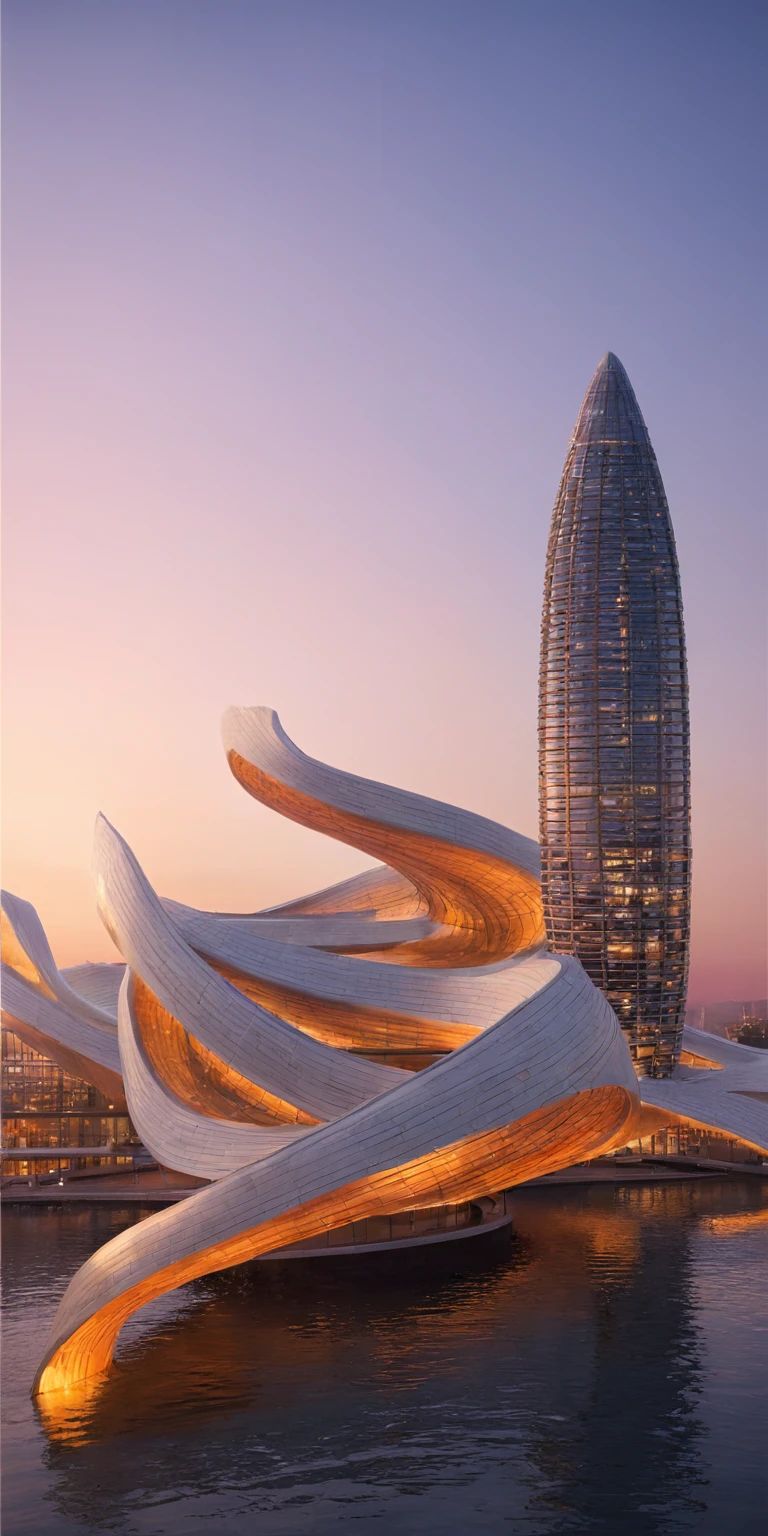 This is a high-resolution CGI rendering of a futuristic urban landscape, showcasing a grand architectural marvel. The image captures a cityscape bathed in the warm hues of a setting sun, casting an orange and pink glow across the scene. Dominating the center is a curvaceous, golden-hued building with a sleek, modern design, featuring a spiral structure that wraps around itself. This building is connected to a series of elevated, glass-walled pedestrian walkways, which crisscross above a reflective, dark waterway. 
