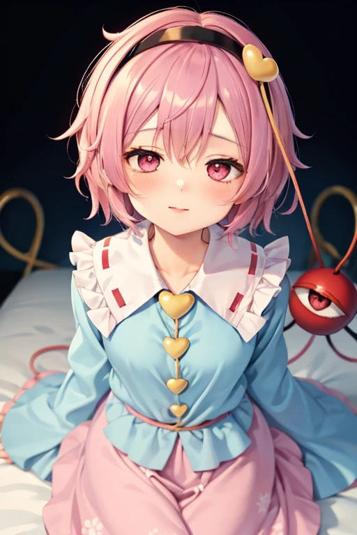 masutepiece, Best Quality,  komeiji satori
1girl,ahoge, pink hair,pink eyes,short hair,hairband, frilled shirt collar,blue shirt,pink skirt,floral print,long sleeves, wide sleeves, sleeves past wrists,heart ,Smile,(Eyes of Hearts),Bedroom background,Face during estrus、Courtship attitude、A slender、Only the upper body is visible、a closeup